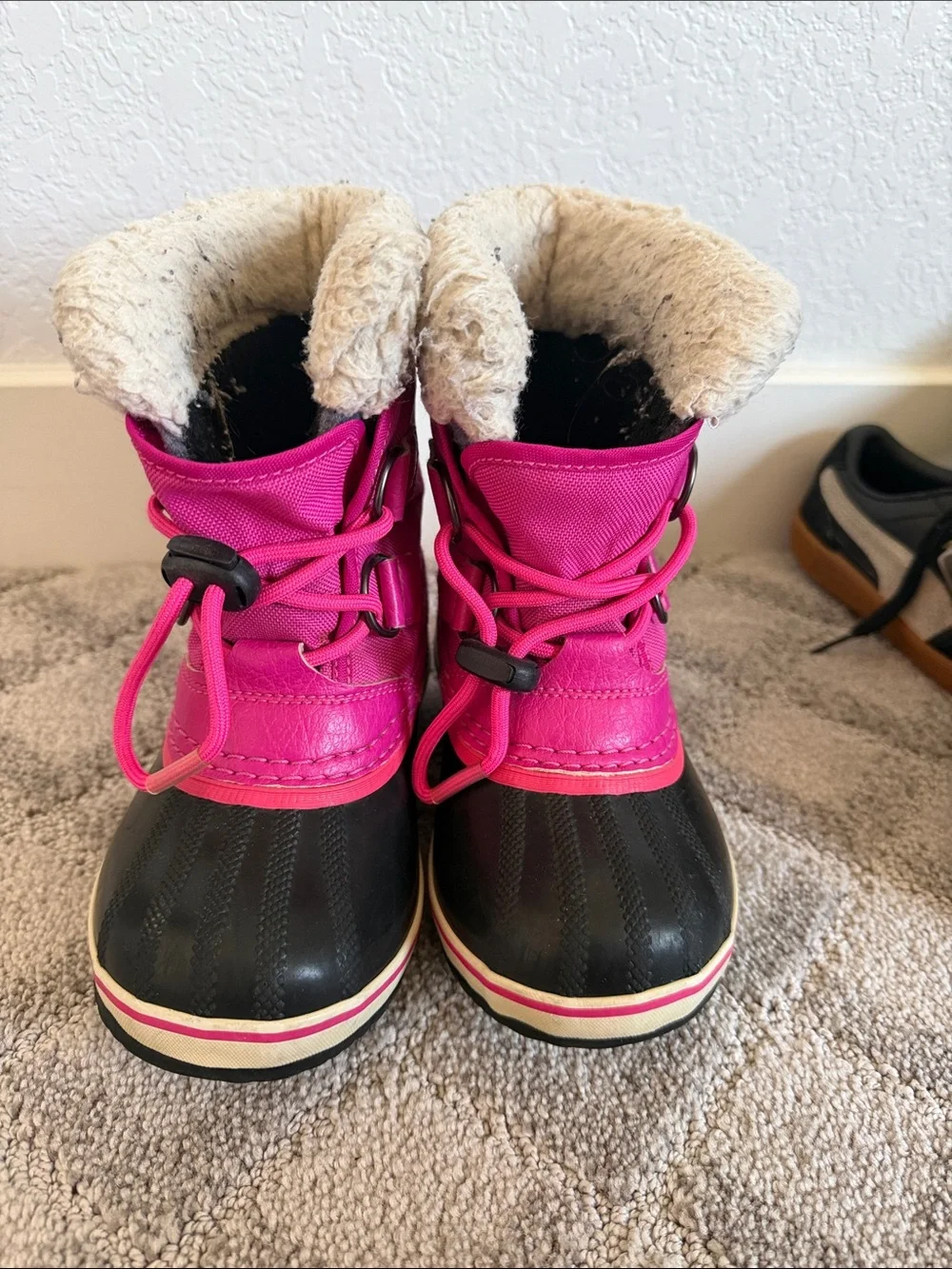 Sorel Pink and Black Kids Waterproof Snow Boots with Faux Fur Cuff